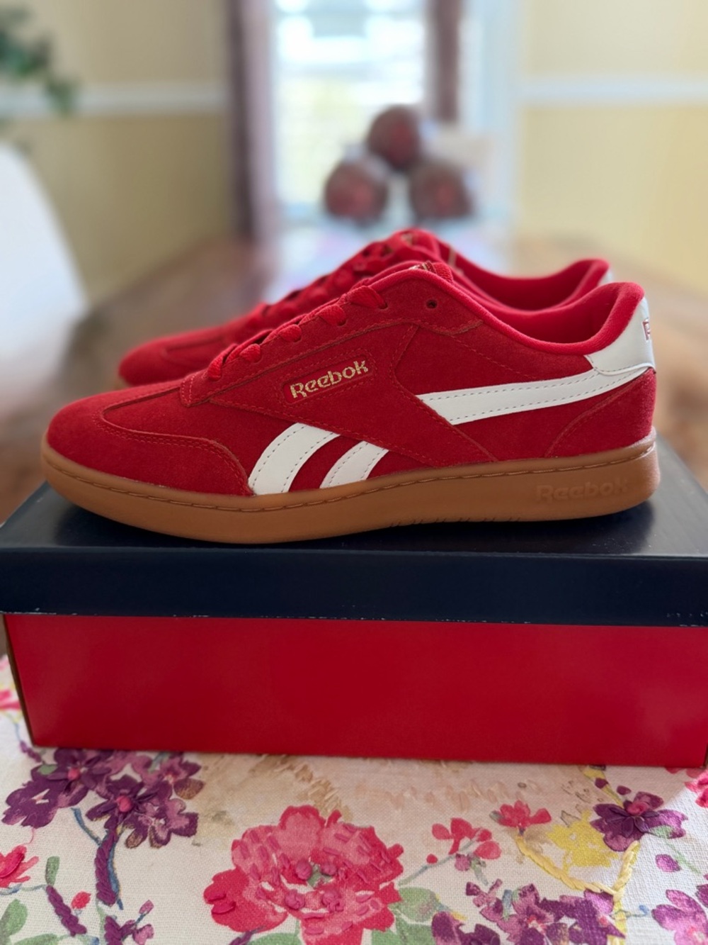 Reebok Red and White Suede Sneakers with Gum Sole